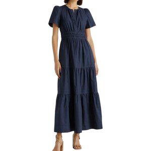 Quince Womens Med Large 100% Organic Cotton Poplin Tiered Maxi Dress Navy New